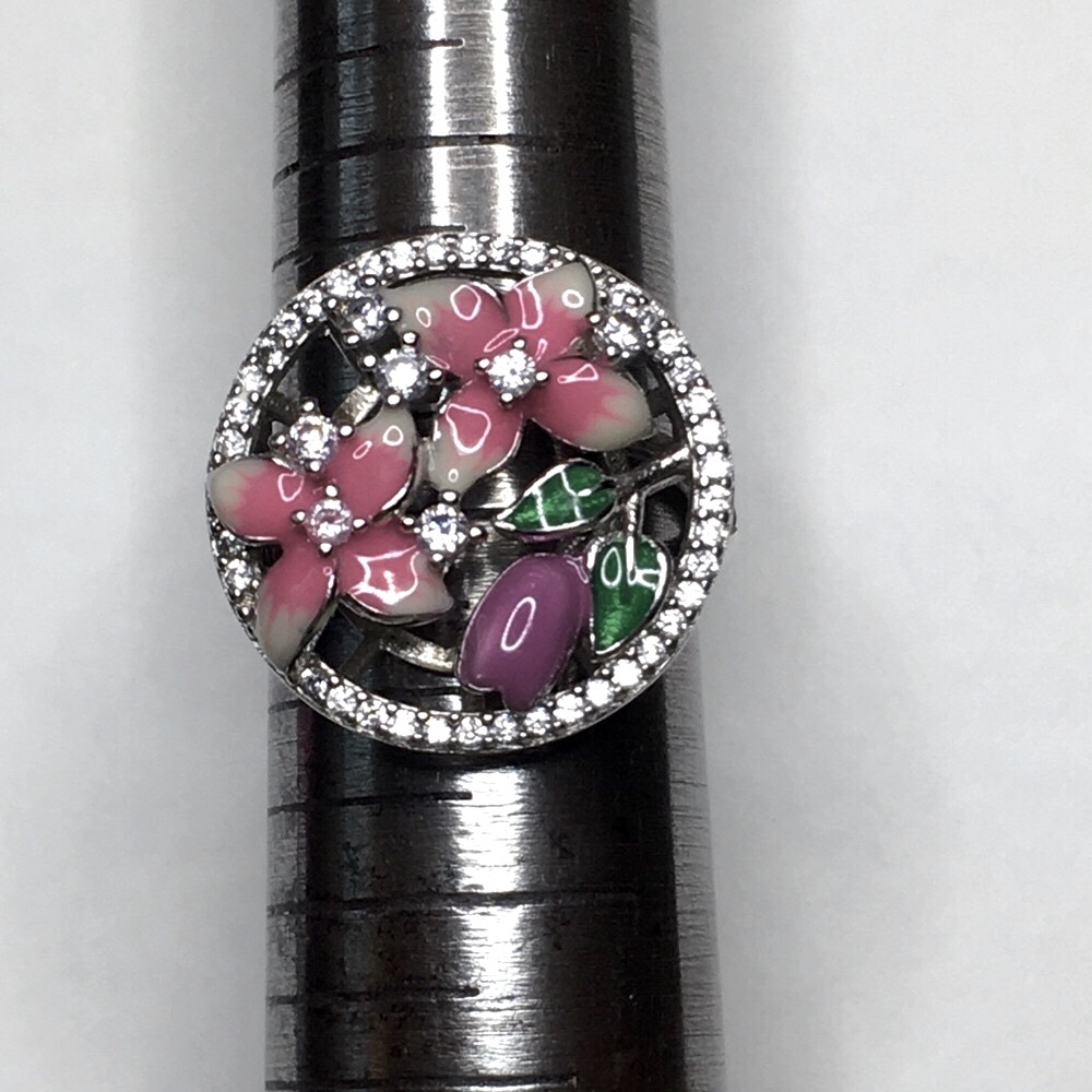 Sterling Silver ring with Pink and Green Enamel Flowers & CZ’s